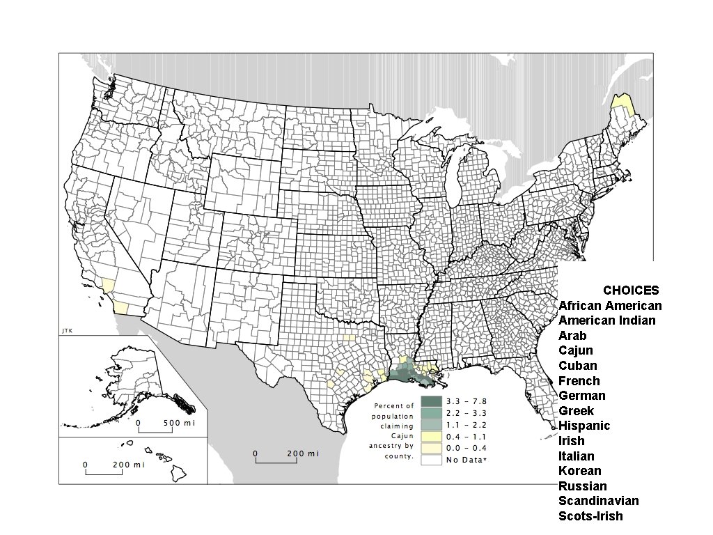 CHOICES African American Indian Arab Cajun Cuban French German Greek Hispanic Irish Italian Korean