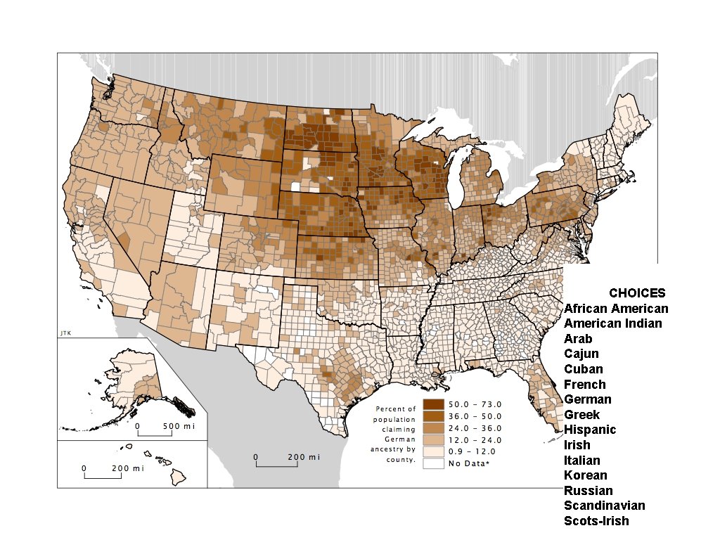 CHOICES African American Indian Arab Cajun Cuban French German Greek Hispanic Irish Italian Korean