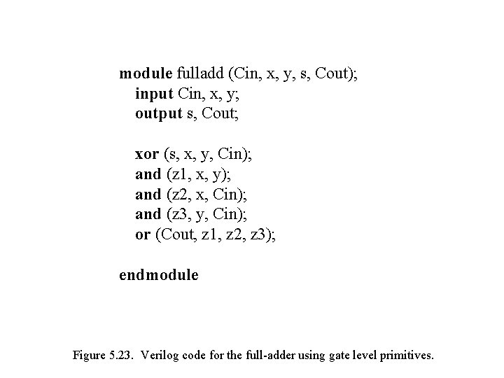 module fulladd (Cin, x, y, s, Cout); input Cin, x, y; output s, Cout;