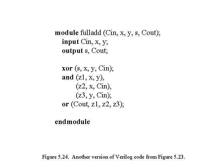 module fulladd (Cin, x, y, s, Cout); input Cin, x, y; output s, Cout;