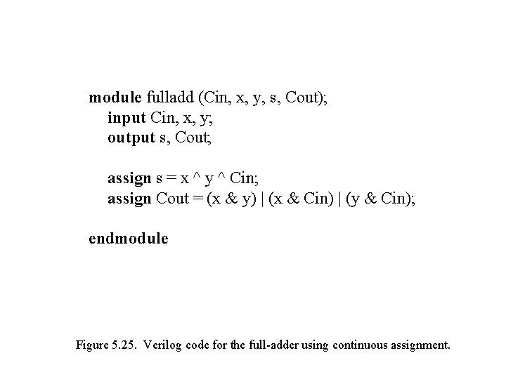 module fulladd (Cin, x, y, s, Cout); input Cin, x, y; output s, Cout;