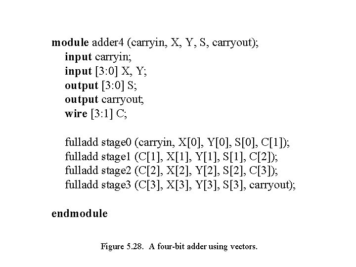 module adder 4 (carryin, X, Y, S, carryout); input carryin; input [3: 0] X,