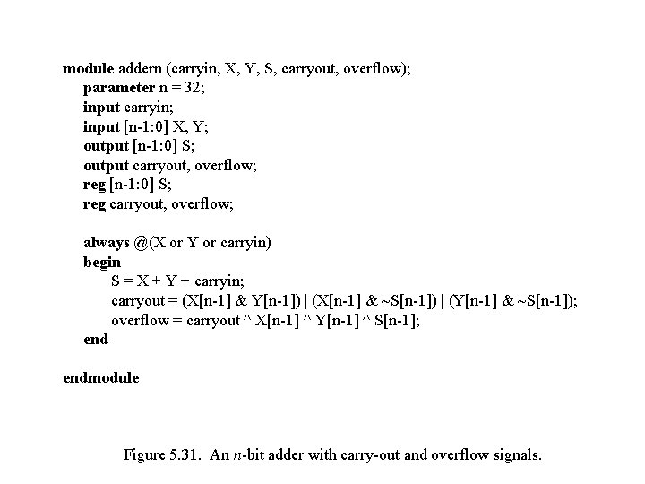 module addern (carryin, X, Y, S, carryout, overflow); parameter n = 32; input carryin;