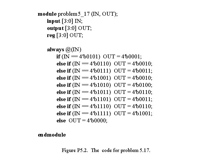 module problem 5_17 (IN, OUT); input [3: 0] IN; output [3: 0] OUT; reg