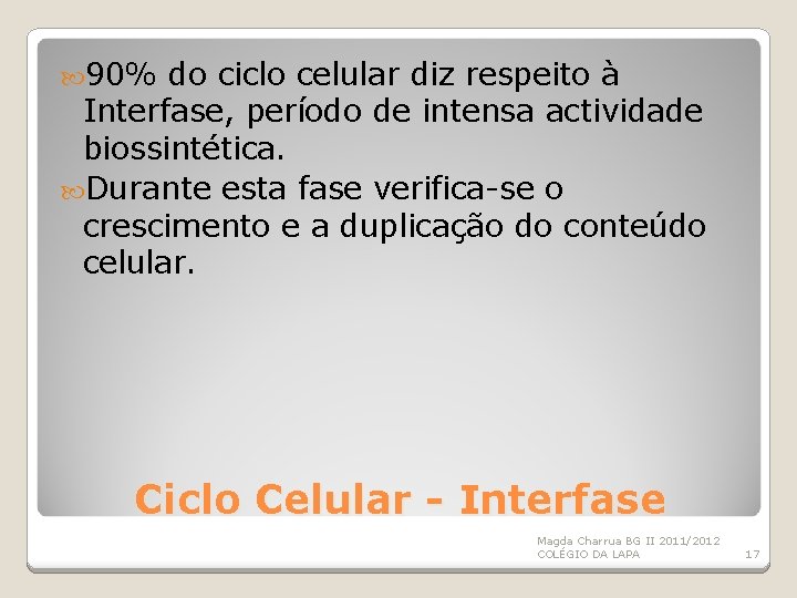  90% do ciclo celular diz respeito à Interfase, período de intensa actividade biossintética.