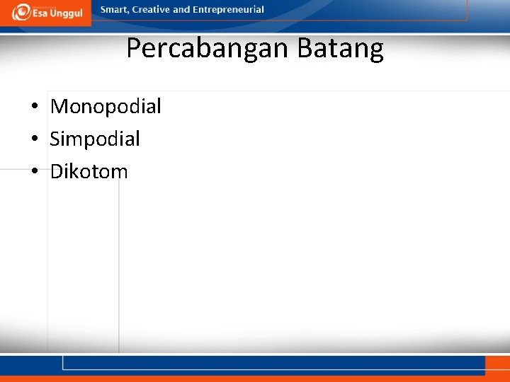 Percabangan Batang • Monopodial • Simpodial • Dikotom 