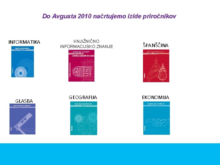 Do Avgusta 2010 načrtujemo izide priročnikov INFORMATIKA GLASBA KNJIŽNIČNO INFORMACIJSKO ZNANJE GEOGRAFIJA ŠPANŠČINA EKONOMIJA