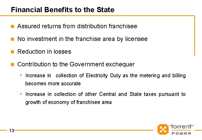 Financial Benefits to the State n Assured returns from distribution franchisee n No investment