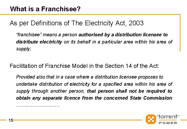 What is a Franchisee? As per Definitions of The Electricity Act, 2003 “franchisee” means