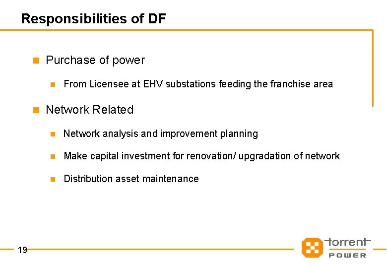 Responsibilities of DF n Purchase of power n n 19 From Licensee at EHV