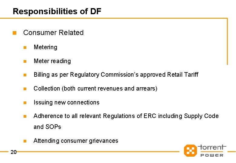 Responsibilities of DF n Consumer Related n Metering n Meter reading n Billing as