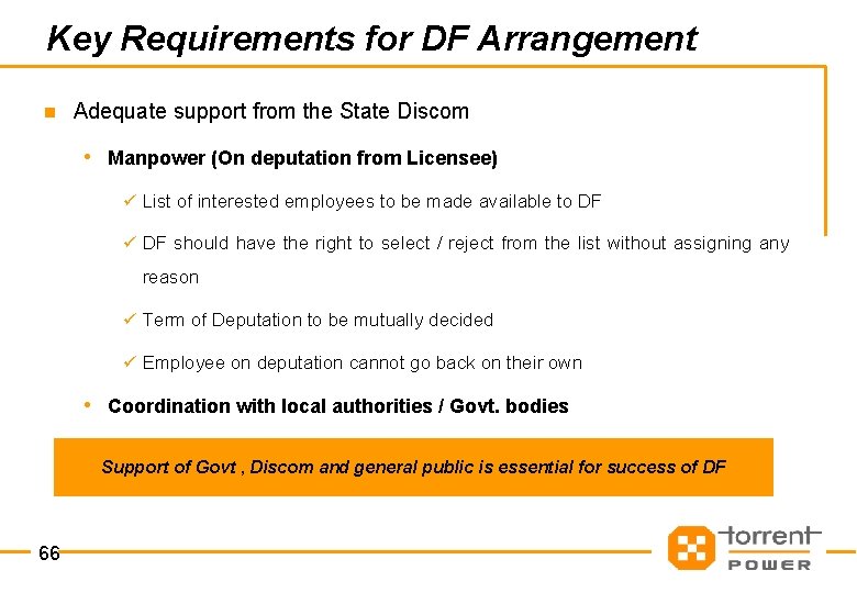 Key Requirements for DF Arrangement n Adequate support from the State Discom • Manpower