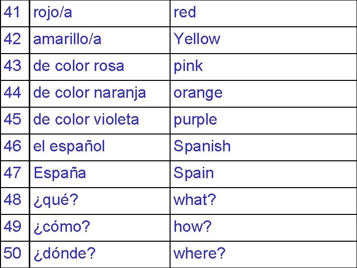 41 rojo/a red 42 amarillo/a Yellow 43 de color rosa pink 44 de color