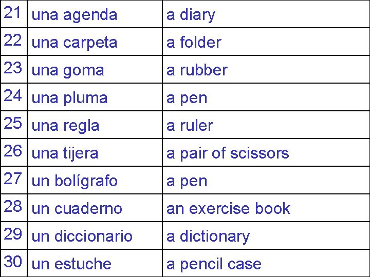 21 una agenda a diary 22 una carpeta a folder 23 una goma a