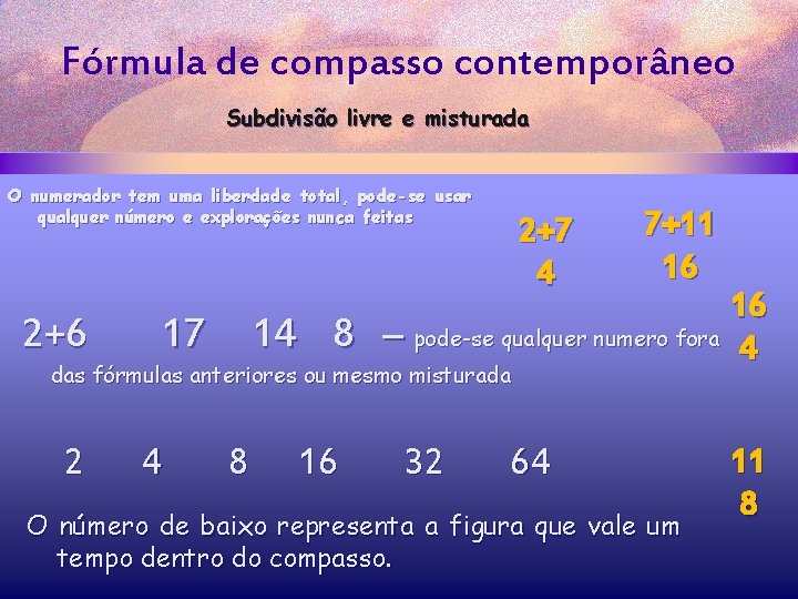 Fórmula de compasso contemporâneo Subdivisão livre e misturada O numerador tem uma liberdade total,