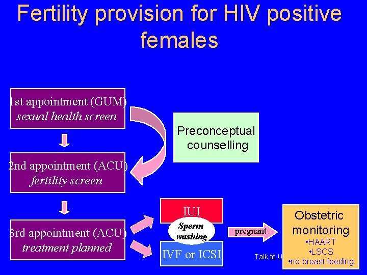 Fertility provision for HIV positive females 1 st appointment (GUM) sexual health screen Preconceptual