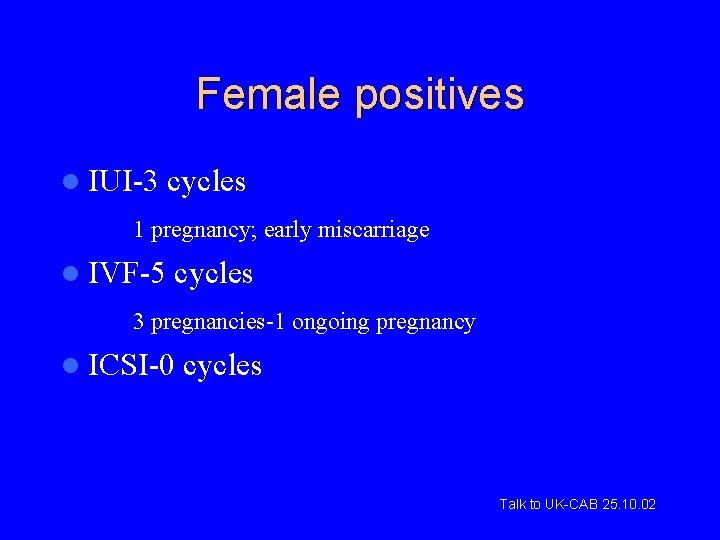 Female positives l IUI-3 cycles 1 pregnancy; early miscarriage l IVF-5 cycles 3 pregnancies-1