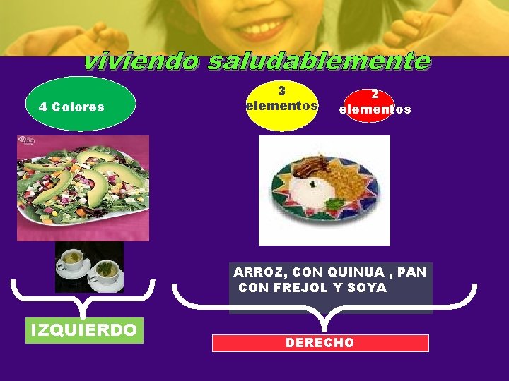 4 Colores 3 elementos 2 elementos ARROZ, CON QUINUA , PAN CON FREJOL Y