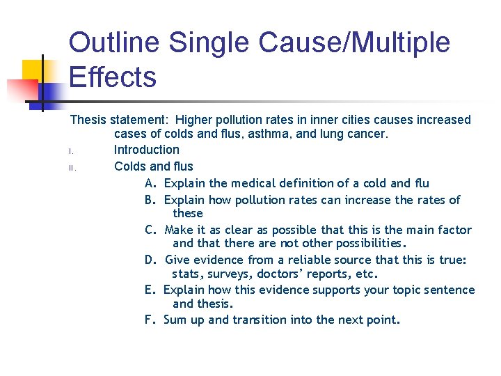 Outline Single Cause/Multiple Effects Thesis statement: Higher pollution rates in inner cities causes increased