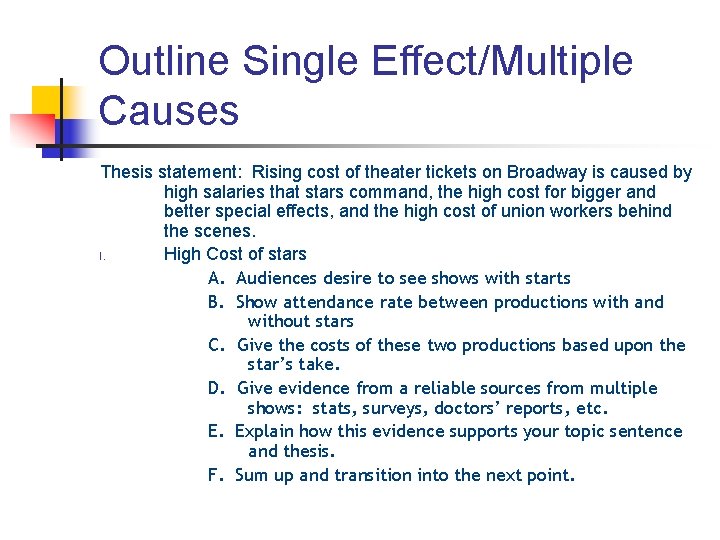 Outline Single Effect/Multiple Causes Thesis statement: Rising cost of theater tickets on Broadway is