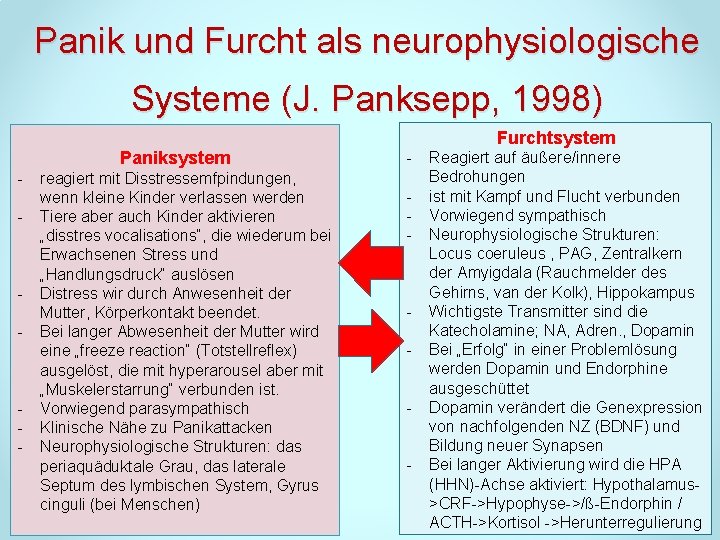 Panik und Furcht als neurophysiologische Systeme (J. Panksepp, 1998) Furchtsystem Paniksystem reagiert mit Disstressemfpindungen,
