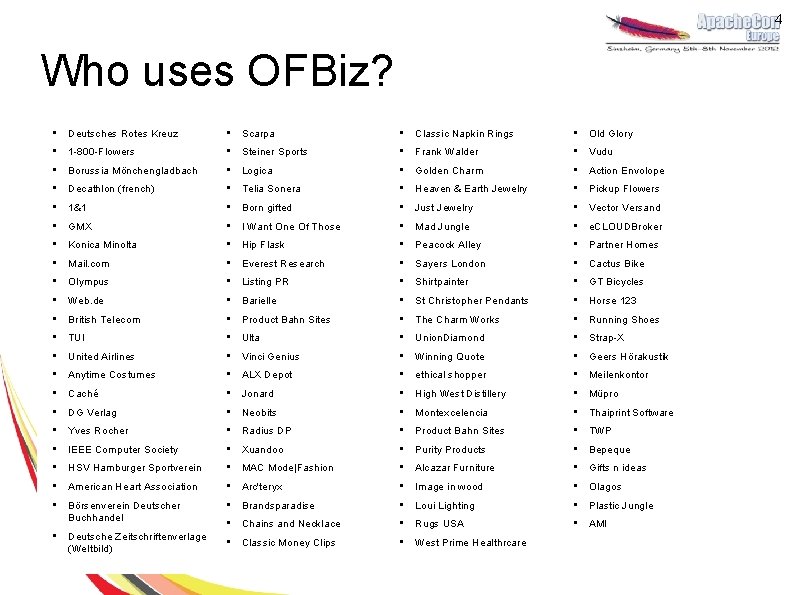 4 Who uses OFBiz? • Deutsches Rotes Kreuz • Scarpa • Classic Napkin Rings