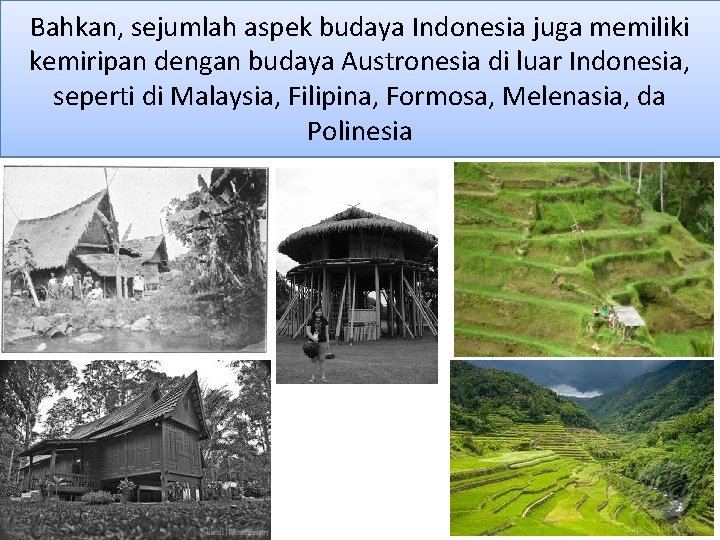 Bahkan, sejumlah aspek budaya Indonesia juga memiliki kemiripan dengan budaya Austronesia di luar Indonesia,