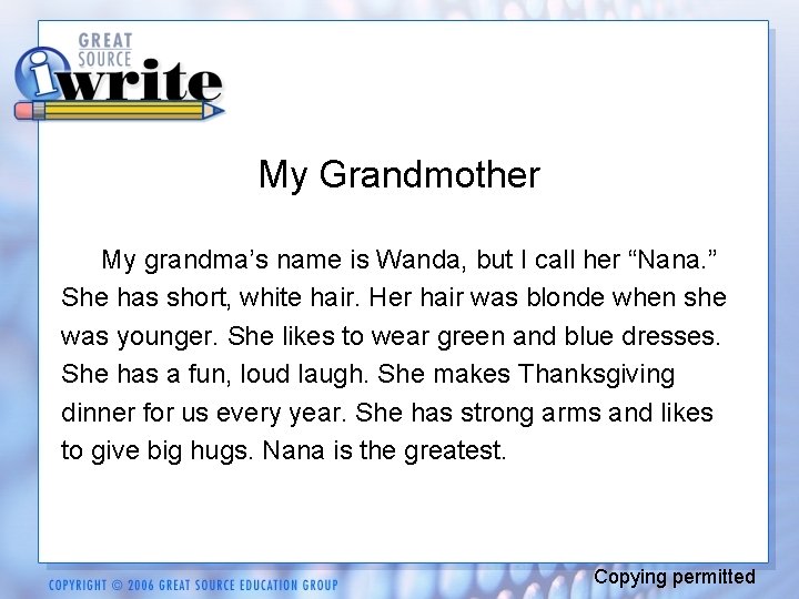 My Grandmother My grandma’s name is Wanda, but I call her “Nana. ” She