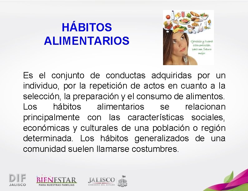 HÁBITOS ALIMENTARIOS Es el conjunto de conductas adquiridas por un individuo, por la repetición