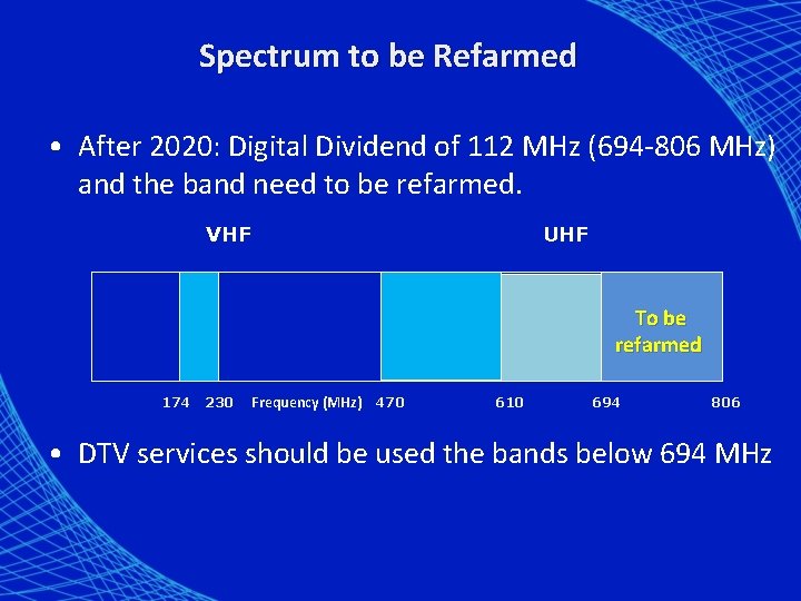 Spectrum to be Refarmed • After 2020: Digital Dividend of 112 MHz (694 -806