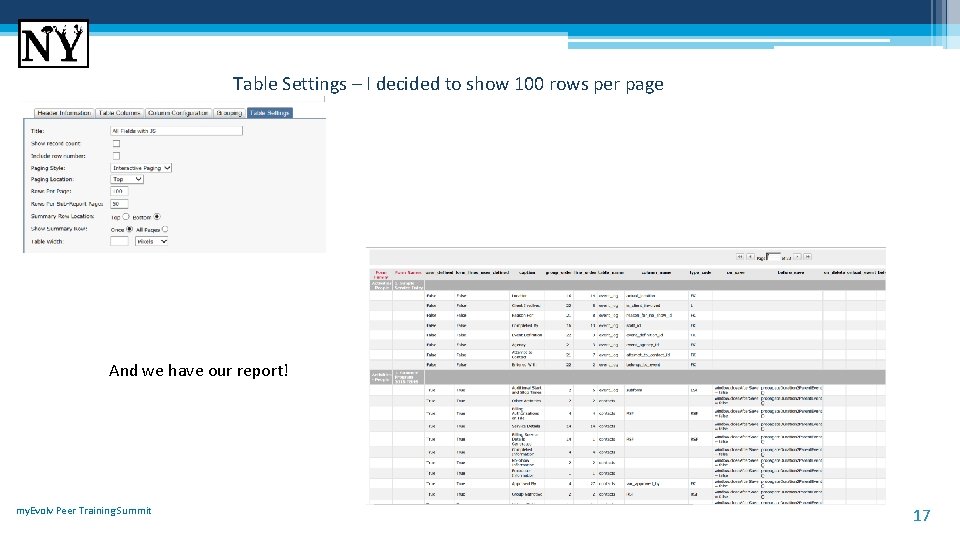Table Settings – I decided to show 100 rows per page And we have