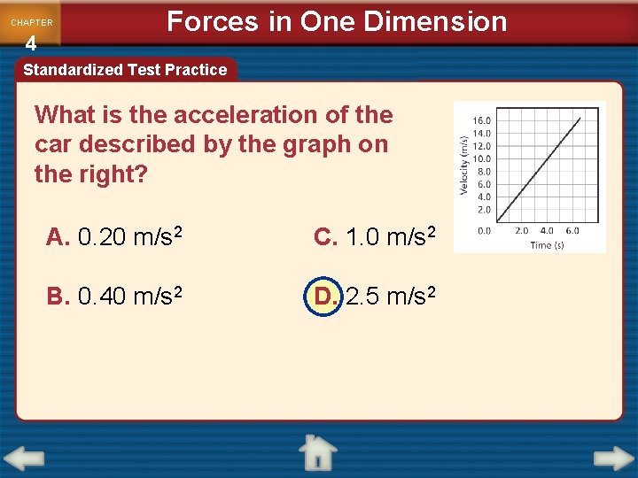 CHAPTER 4 Forces in One Dimension Standardized Test Practice What is the acceleration of CHAPTER 4 Forces in One Dimension Standardized Test Practice What is the acceleration of