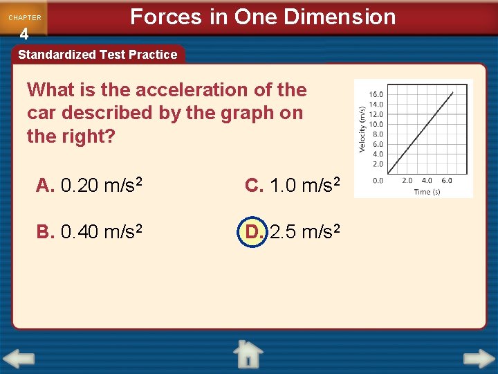 CHAPTER 4 Forces in One Dimension Standardized Test Practice What is the acceleration of