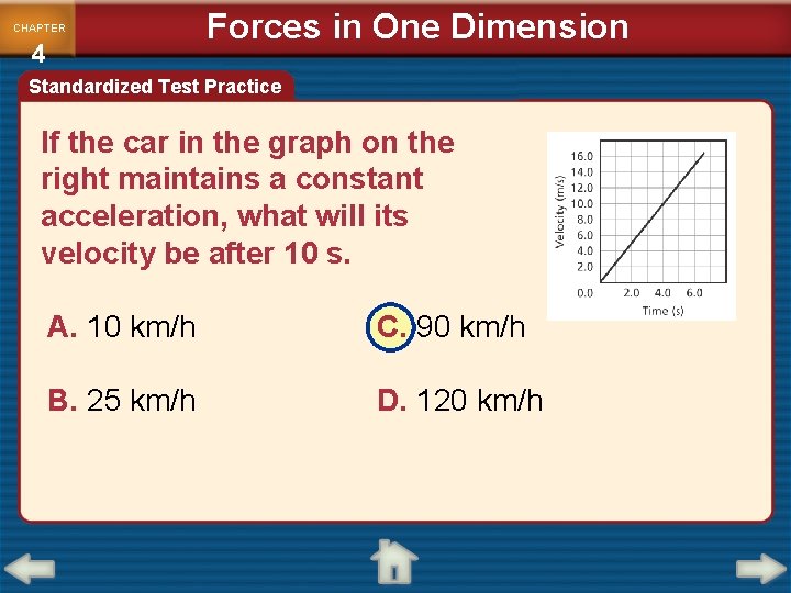 CHAPTER 4 Forces in One Dimension Standardized Test Practice If the car in the
