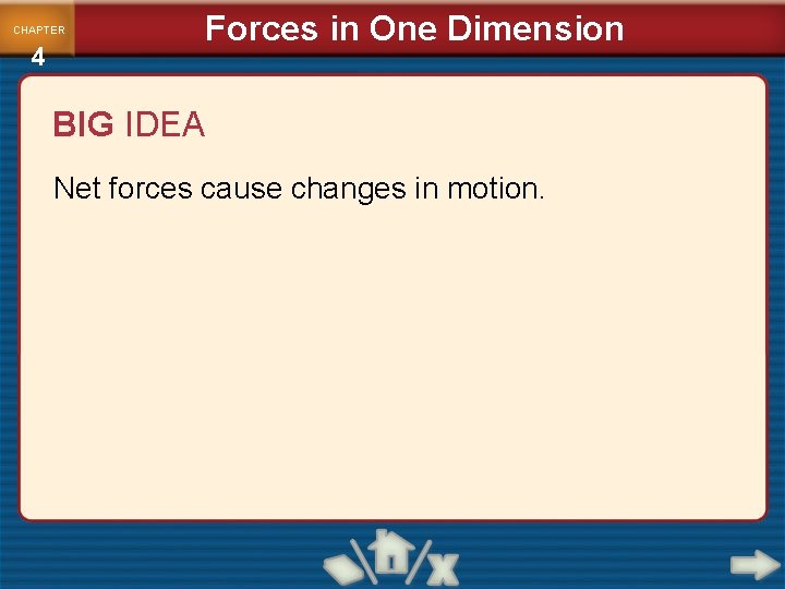 CHAPTER 4 Forces in One Dimension BIG IDEA Net forces cause changes in motion. CHAPTER 4 Forces in One Dimension BIG IDEA Net forces cause changes in motion.