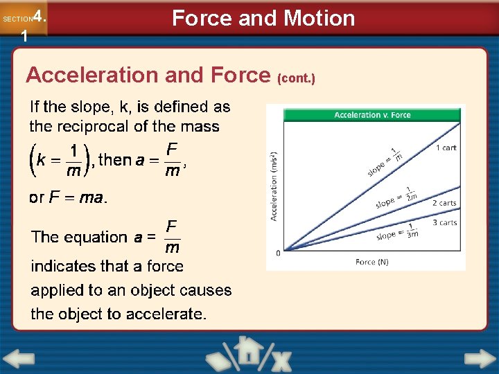 4. SECTION 1 Force and Motion Acceleration and Force (cont. ) 4. SECTION 1 Force and Motion Acceleration and Force (cont. )