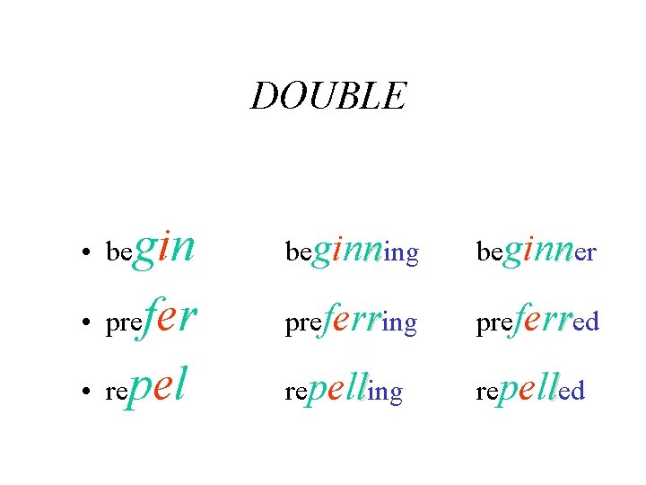 DOUBLE gin • prefer • repel • be beginning beginner preferring preferred repelling repelled