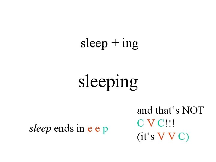 sleep + ing sleep ends in e e p and that’s NOT C V