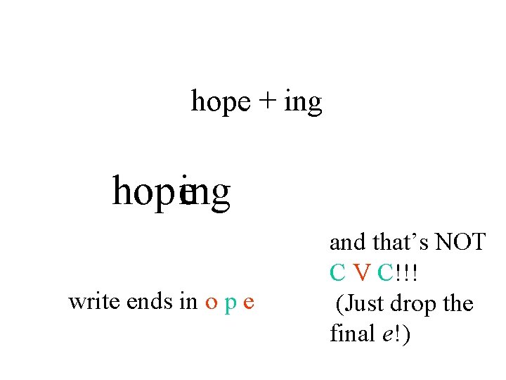 hope + ing hopeing write ends in o p e and that’s NOT C