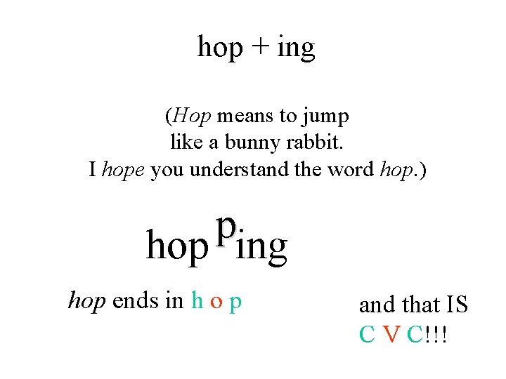 hop + ing (Hop means to jump like a bunny rabbit. I hope you