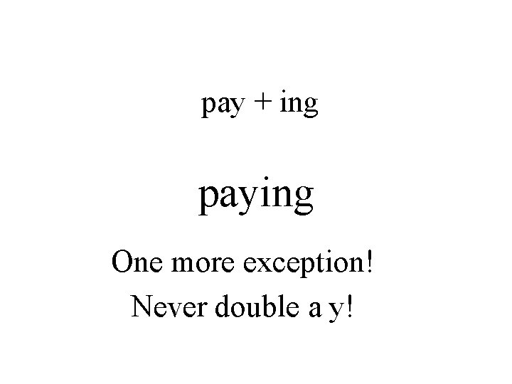 pay + ing paying One more exception! Never double a y! 