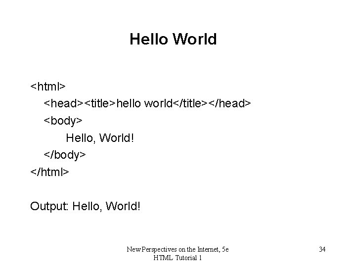 Hello World <html> <head><title>hello world</title></head> <body> Hello, World! </body> </html> Output: Hello, World! New