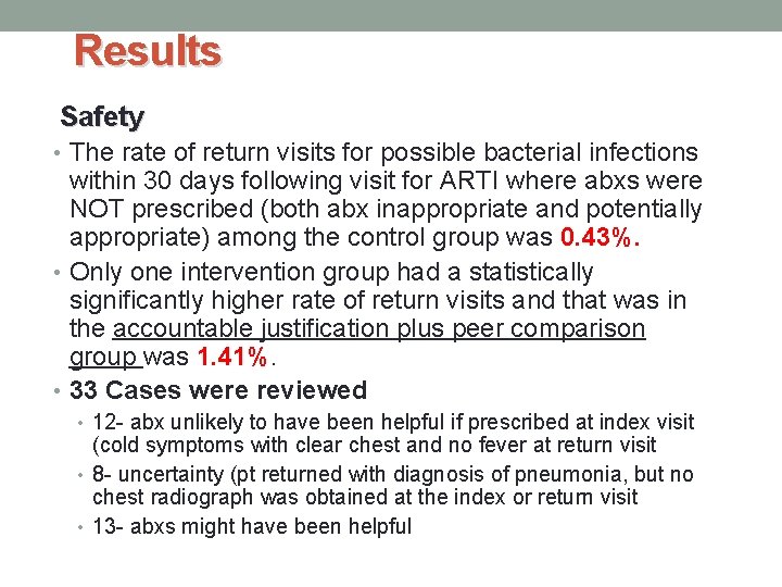 Results Safety • The rate of return visits for possible bacterial infections within 30