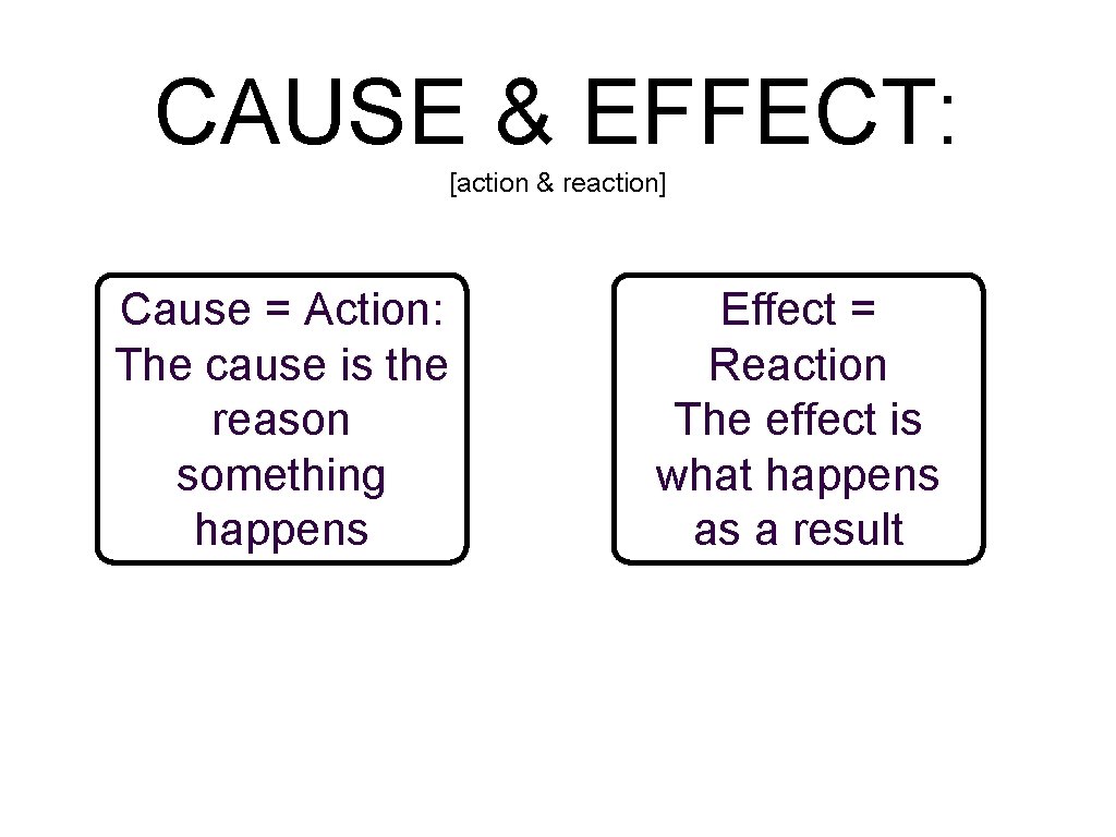 CAUSE & EFFECT: [action & reaction] Cause = Action: The cause is the reason