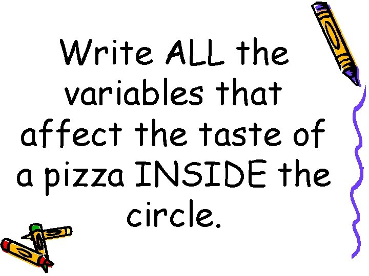 Write ALL the variables that affect the taste of a pizza INSIDE the circle.