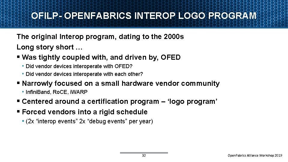 OFILP- OPENFABRICS INTEROP LOGO PROGRAM The original Interop program, dating to the 2000 s