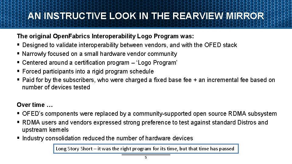 AN INSTRUCTIVE LOOK IN THE REARVIEW MIRROR The original Open. Fabrics Interoperability Logo Program