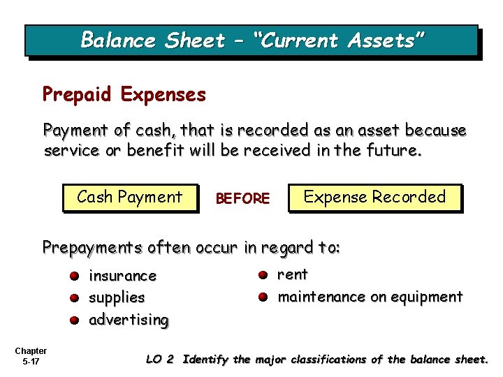 Balance Sheet – “Current Assets” Prepaid Expenses Payment of cash, that is recorded as