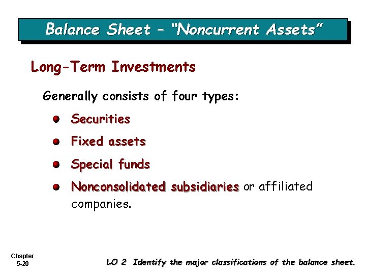 Balance Sheet – “Noncurrent Assets” Long-Term Investments Generally consists of four types: Securities Fixed