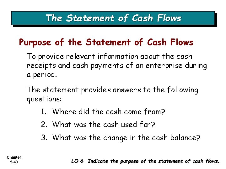 The Statement of Cash Flows Purpose of the Statement of Cash Flows To provide